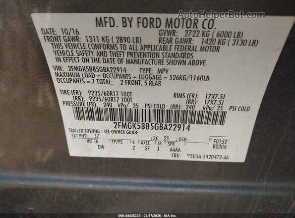 2FMGK5B85GBA22914 2016 FORD FLEX Серый Вид подкапотного пространства