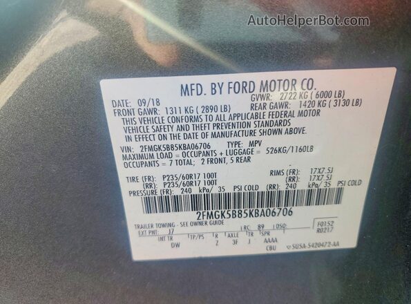 2FMGK5B85KBA06706 2019 FORD FLEX Silver 360 interior view