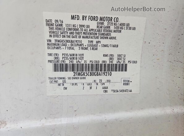 2FMGK5C80GBA19210 2016 FORD FLEX White Widok naklejki z numerem VIN