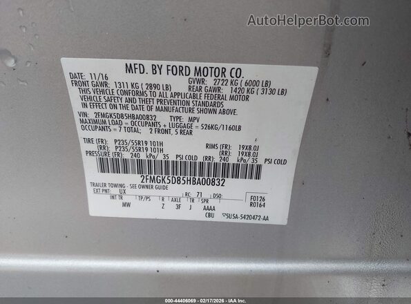 2FMGK5D85HBA00832 2017 FORD FLEX Серебряный Вид подкапотного пространства