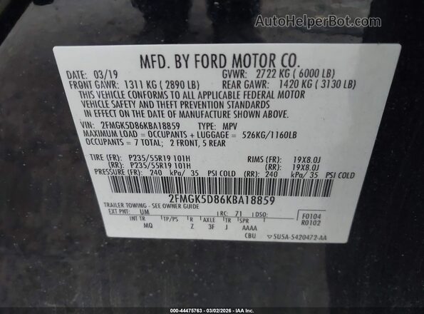 2FMGK5D86KBA18859 2019 FORD FLEX Black ძრავის განყოფილების ხედი