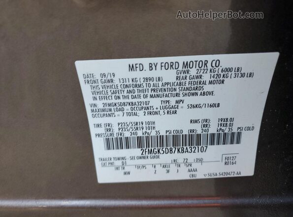 2FMGK5D87KBA32107 2019 FORD FLEX Желто-коричневый Вид наклейки с VIN-кодом