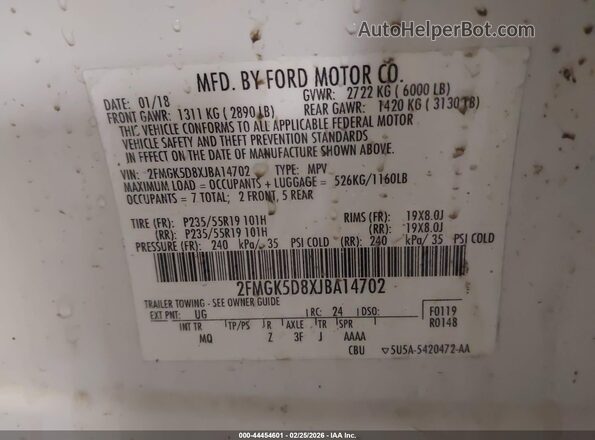 2FMGK5D8XJBA14702 2018 FORD FLEX Белый Вид подкапотного пространства