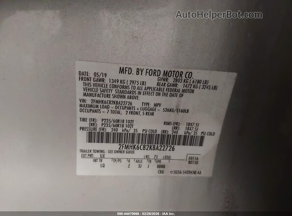 2FMHK6C82KBA22726 2019 FORD FLEX Серебряный Вид подкапотного пространства