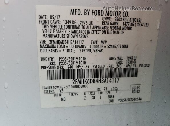 2FMHK6D84HBA14117 2017 FORD FLEX Белый Вид наклейки с VIN-кодом