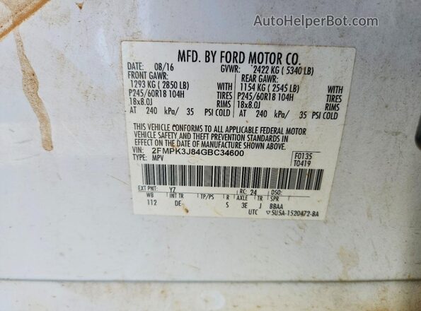 2FMPK3J84GBC34600 2016 FORD EDGE Белый Вид наклейки с VIN-кодом