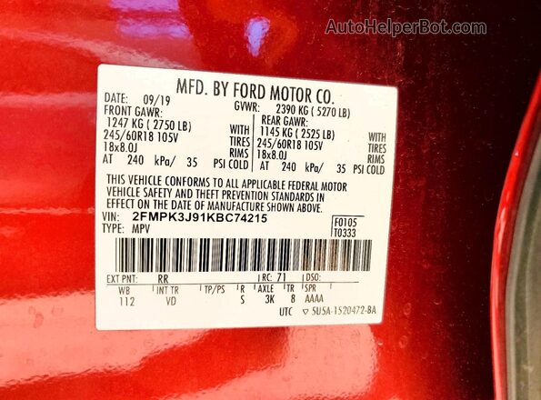2FMPK3J91KBC74215 2019 FORD EDGE Red 360 interior view