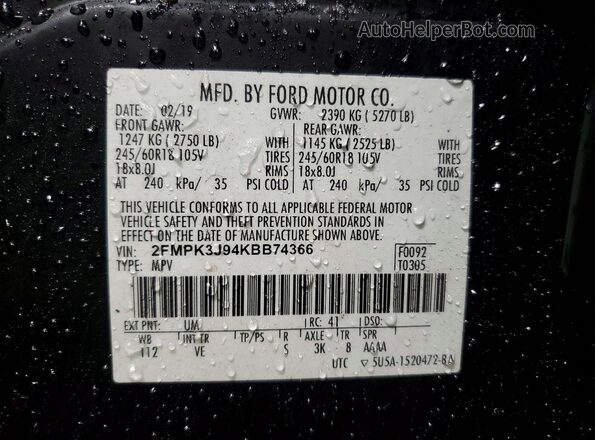 2FMPK3J94KBB74366 2019 FORD EDGE Black VIN sticker view