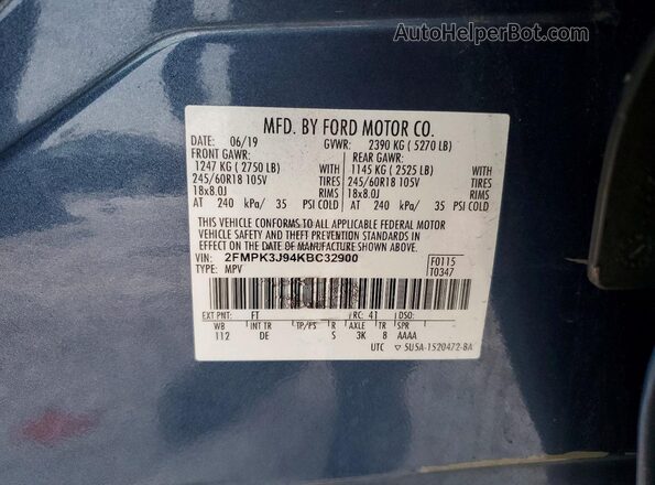 2FMPK3J94KBC32900 2019 FORD EDGE Blue Вид підкапотного простору