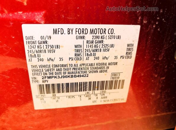 2FMPK3J96KBB49422 2019 FORD EDGE Red VIN կոդի պիտակի տեսք