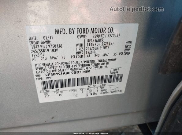 2FMPK3K96KBB70480 2019 FORD EDGE Silver Շարժիչի բաժամունքի տեսք