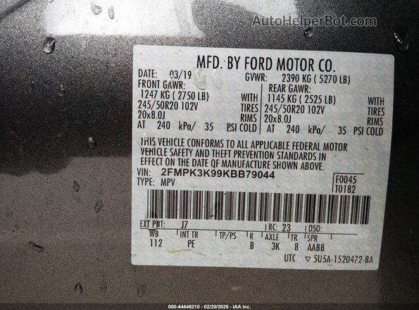 2FMPK3K99KBB79044 2019 FORD EDGE Серый Вид подкапотного пространства