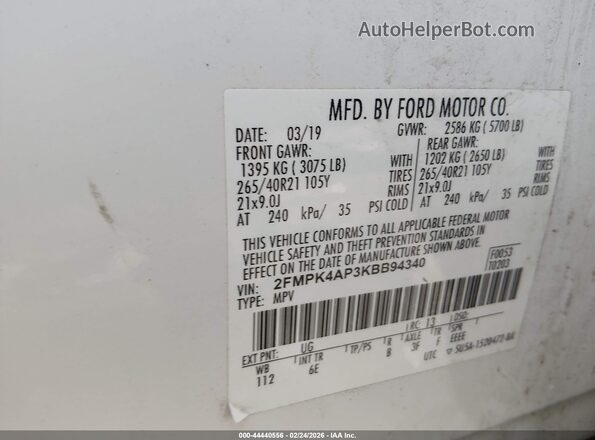 2FMPK4AP3KBB94340 2019 FORD EDGE Белый Вид подкапотного пространства