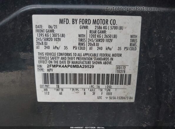 2FMPK4AP6MBA29529 2021 FORD EDGE Gray Vista del compartimento del motor