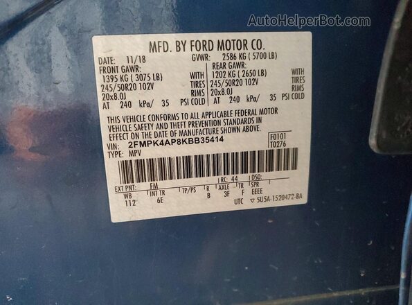 2FMPK4AP8KBB35414 2019 FORD EDGE Синий Вид наклейки с VIN-кодом