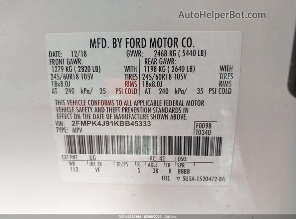 2FMPK4J91KBB45333 2019 FORD EDGE Белый Вид подкапотного пространства