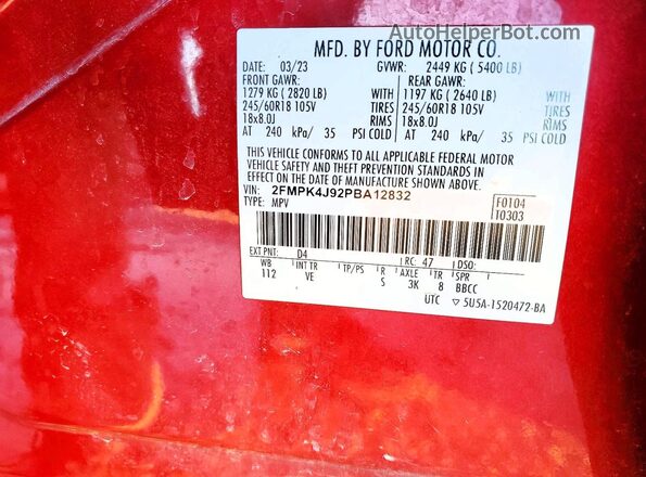2FMPK4J92PBA12832 2023 FORD EDGE Red Widok naklejki z numerem VIN