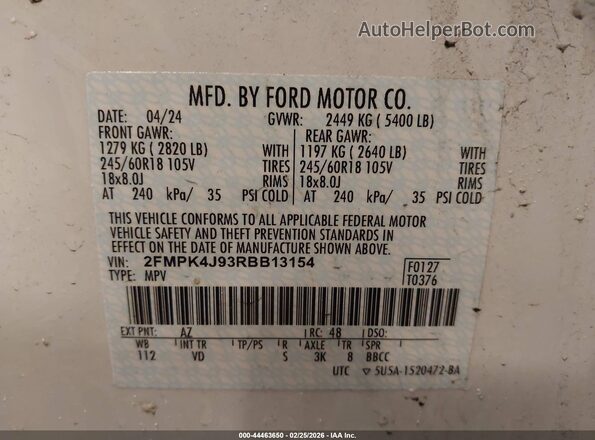 2FMPK4J93RBB13154 2024 FORD EDGE Белый Вид подкапотного пространства