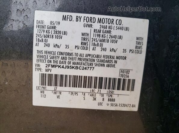 2FMPK4J95KBC24777 2019 FORD EDGE Серый Вид наклейки с VIN-кодом
