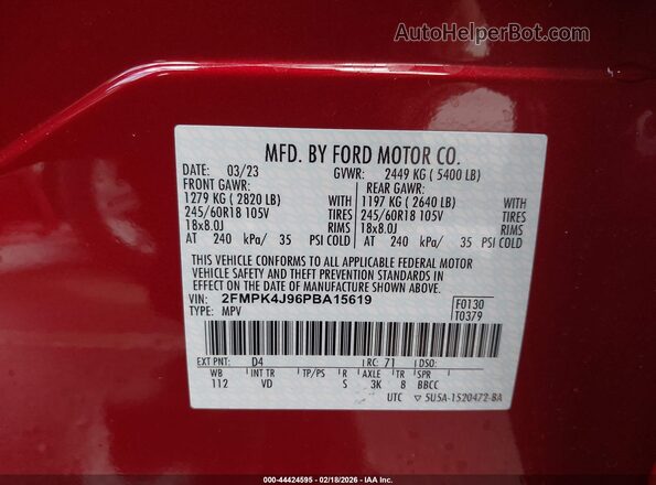 2FMPK4J96PBA15619 2023 FORD EDGE Красный Вид подкапотного пространства