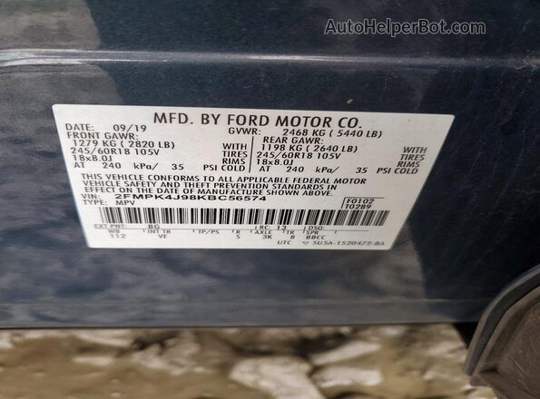 2FMPK4J98KBC56574 2019 FORD EDGE Синий Вид наклейки с VIN-кодом