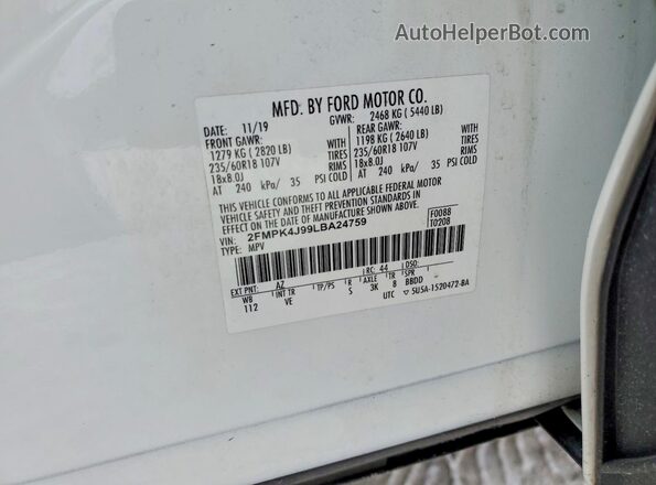 2FMPK4J99LBA24759 2020 FORD EDGE Белый Вид наклейки с VIN-кодом