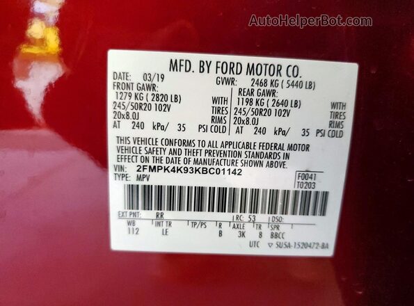 2FMPK4K93KBC01142 2019 FORD EDGE Красный Вид подкапотного пространства