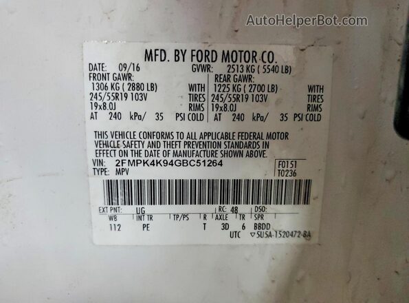 2FMPK4K94GBC51264 2016 FORD EDGE Белый Вид наклейки с VIN-кодом
