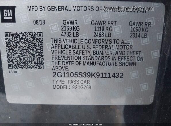 2G1105S39K9111432 2019 CHEVROLET IMPALA Серый Вид подкапотного пространства