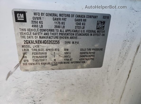 2GKALNEK4G6262256 2016 GMC TERRAIN Белый Вид наклейки с VIN-кодом