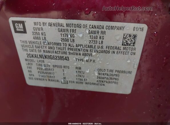 2GKALNEK8G6238543 2016 GMC TERRAIN Красный Вид подкапотного пространства