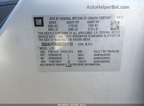 2GKALPEK4G6331135 2016 GMC TERRAIN Серебряный Вид подкапотного пространства