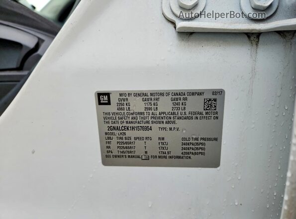 2GNALCEK1H1576954 2017 CHEVROLET EQUINOX Белый Вид наклейки с VIN-кодом