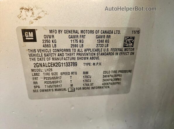 2GNALCEK2G1133789 2016 CHEVROLET EQUINOX Серебряный Вид наклейки с VIN-кодом