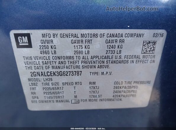 2GNALCEK3G6273787 2016 CHEVROLET EQUINOX Синий Вид подкапотного пространства