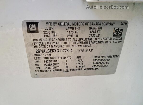 2GNALCEKXG1177894 2016 CHEVROLET EQUINOX Белый Вид наклейки с VIN-кодом