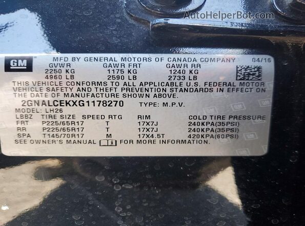 2GNALCEKXG1178270 2016 CHEVROLET EQUINOX Черный Вид наклейки с VIN-кодом