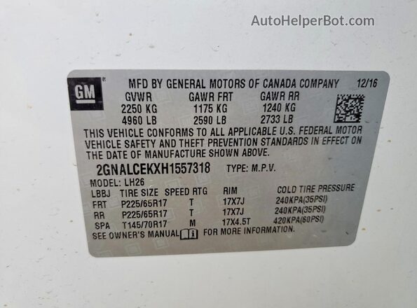 2GNALCEKXH1557318 2017 CHEVROLET EQUINOX Белый Панорамный вид салона 360°