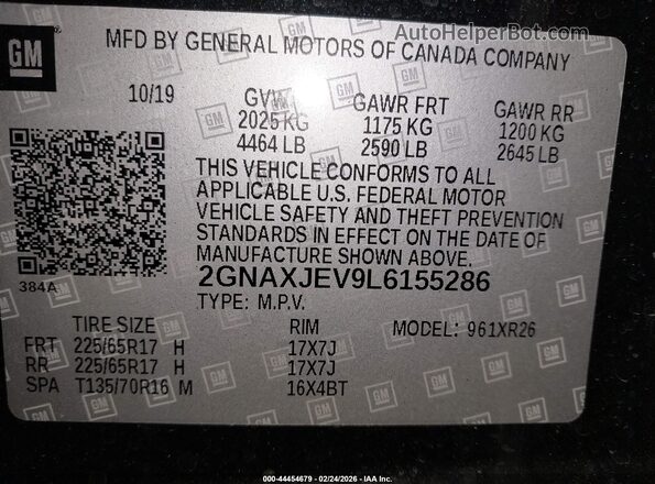 2GNAXJEV9L6155286 2020 CHEVROLET EQUINOX Черный Вид подкапотного пространства