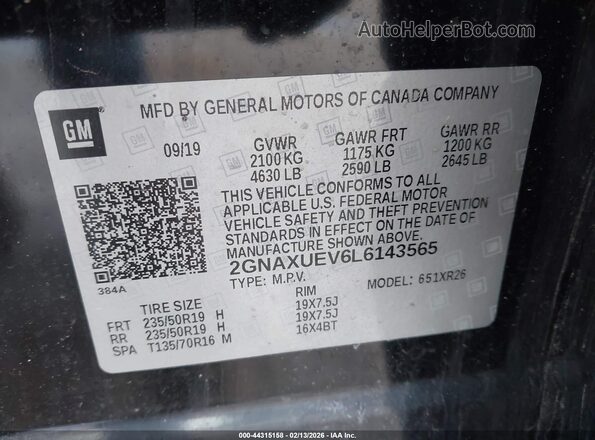 2GNAXUEV6L6143565 2020 CHEVROLET EQUINOX Черный Вид подкапотного пространства