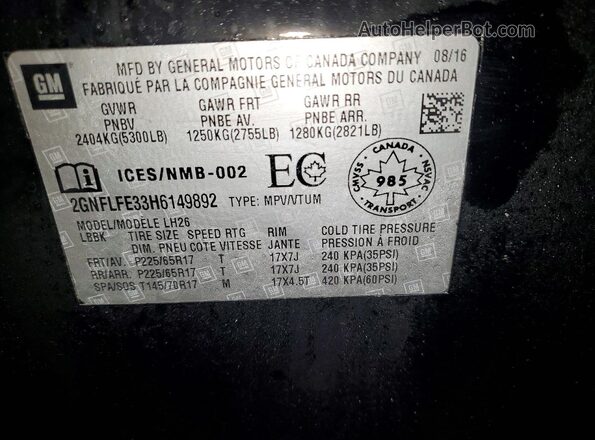 2GNFLFE33H6149892 2017 CHEVROLET EQUINOX Black Widok naklejki z numerem VIN