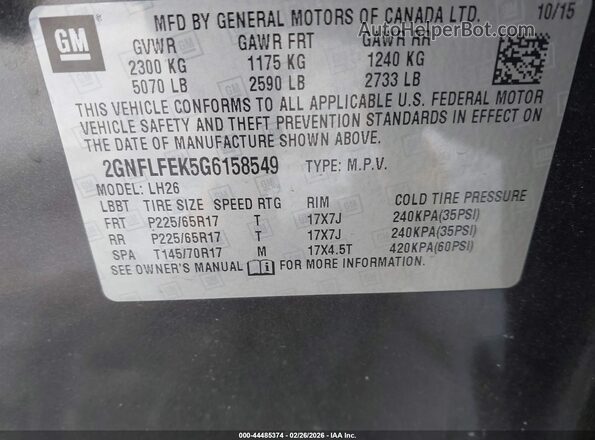 2GNFLFEK5G6158549 2016 CHEVROLET EQUINOX Серый Вид подкапотного пространства