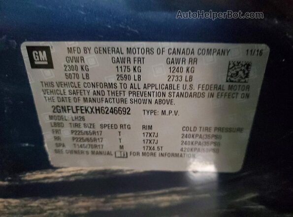 2GNFLFEKXH6246692 2017 CHEVROLET EQUINOX Синий Вид наклейки с VIN-кодом