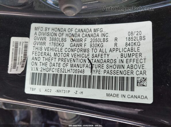 2HGFC1E52LH706948 2020 HONDA CIVIC SI Black Vista del compartimento del motor