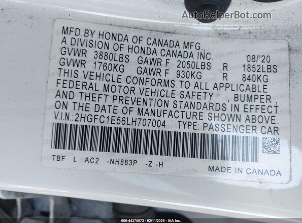 2HGFC1E56LH707004 2020 HONDA CIVIC SI White Widok komory silnika