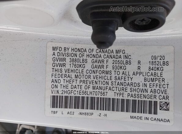 2HGFC1E56LH707567 2020 HONDA CIVIC SI White Vista del compartimento del motor