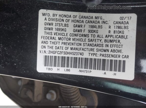 2HGFC2F50HH523740 2017 HONDA CIVIC Black Շարժիչի բաժամունքի տեսք