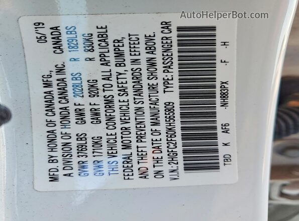 2HGFC2F60KH565809 2019 HONDA CIVIC White VIN sticker view
