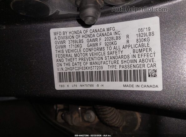 2HGFC2F63KH577209 2019 HONDA CIVIC Gray ძრავის განყოფილების ხედი
