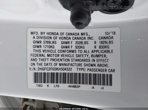 2HGFC2F65KH504522 2019 HONDA CIVIC White Engine compartment view